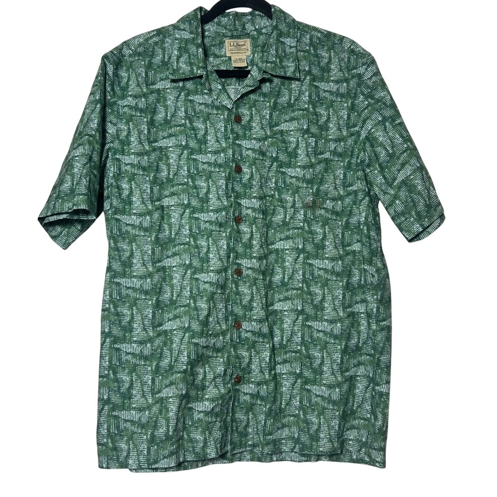 LL Bean Men Traditional Fit Short Sleeve Button‎ Down Shirt Green Abstract Print